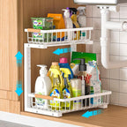 Under Sink Organizer Storage 1 pack, 2 Tier Slide Out Height Adjustable Pull Out Cabinet Organizer Drawers, Kitchen Bathroom Large Capacity Metal Under Sink Rack Caddy Basket Shelves, White