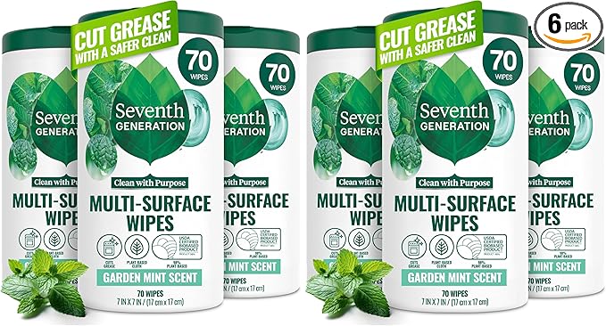 Seventh Generation Multi Purpose Wipes All Purpose Cleaning Garden Mint scent with 100% Essential Oils and Botanical Ingredients,70 Count (Pack of 6)