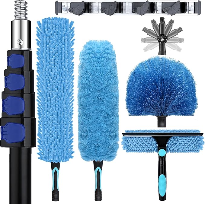 30ft High Ceiling Duster Kits with 5-24ft Heavy Duty Extension Pole - Fan Blade Cleaner, Cobweb Remover & Blue Window Squeegee Kit, Washable Dust Brush for High Roof and Glass Surfaces