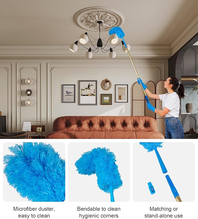 2 in 1 Window Squeegee Cleaning Kit with Aluminum Alloy Extension Poles, Scrubber, Glass Scrapper, Bendable Duster,2 Scrubber Cloth for Window, Car, Floor, Home, Garden
