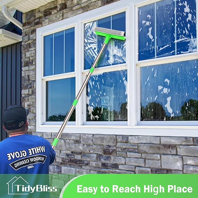 Window Squeegee Professional, 56” Car Windshield Glass Cleaner Tool with Extension Pole, Long Handle Household 10 inches Washer Sponge Scrubber Kit for Cleaning Home Mirror Outdoor (Green)