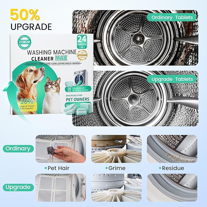 Upgrade Washing Machine Cleaner Tablets - 50% Stronger Formula: 24 Pack - 12 Month Supply, Specially for Pet Owners to Easy Pet Hair Remover for Laundry, Compatible with HE, Top & Front Load