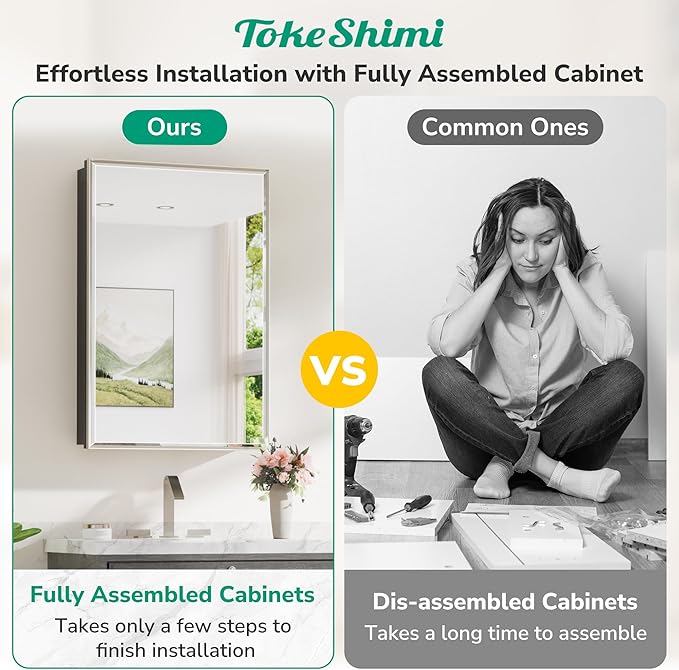 TokeShimi 16x24 Beveled Mirrored Medicine Cabinet Wall Mounted or Recessed Medicine Cabinet with Mirror for Bathroom Brushed Nickel, Aluminum Framed Metal Mirror with Storage Adjustable