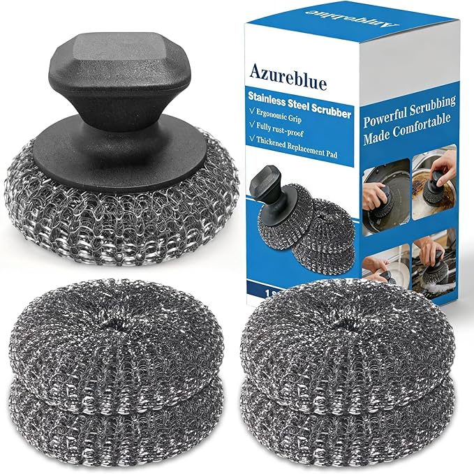 5-Pack Steel Wool Scrubber, Stainless Steel Scrubber Wire Sponge Pads with Handle, Pan Cleaning Scrubber for Scouring Stubborn Messes from Cast Iron, Frying Pan, Oven, Grill, Heavy Duty Pot Scrub