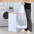 iEGrow 60L Slim Laundry Hamper, Narrow Laundry Basket with Lid,Foldable Clothes Hamper with Bamboo Handles,Hamper Basket with Removable Inner Bag for Laundry Room Bedroom College Dorm,15.85 Gals White