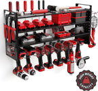 Power Tool Organizer Wall Mount - Power Tool Storage Rack with 3 Shelves, 8 Drill Holders, Bit Holder, Load 300 lbs, Pegboard Sides Storage for Tools- Garage Drill Organizer, Ultimate Workshop Station