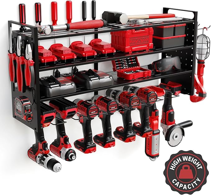 Power Tool Organizer Wall Mount - Power Tool Storage Rack with 3 Shelves, 8 Drill Holders, Bit Holder, Load 300 lbs, Pegboard Sides Storage for Tools- Garage Drill Organizer, Ultimate Workshop Station
