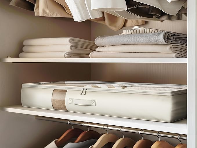 Under Bed Storage Containers with Window, Closet Organizers and Storage Bags, Foldable Underbed Storage Bags for Blankets, Clothing, Comforter, Linen Sheets, Wrapping Paper, 2 Pack, White Ivory