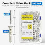 #8 Self Drilling Drywall Plastic Anchors with Screws - No Pre Drill Hole Preparation Required - 75 Lbs (200 Pack)