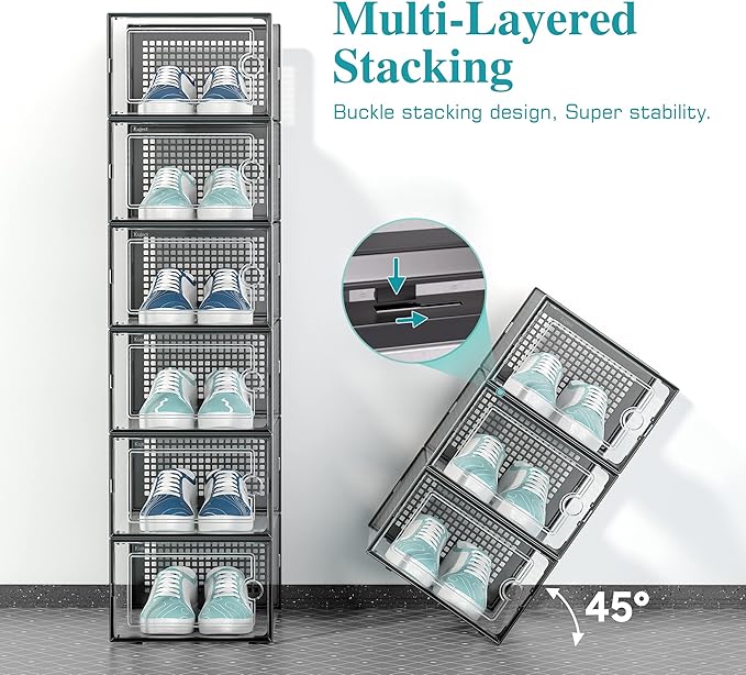 Kuject Large Shoe Organizers Storage Boxes for Closet, 12 Pack Clear Plastic Stackable Storage Bins with Lids, Under Bed Shoe Containers for Entryway, Drop Front, Fit up to Women's Size 10,Black