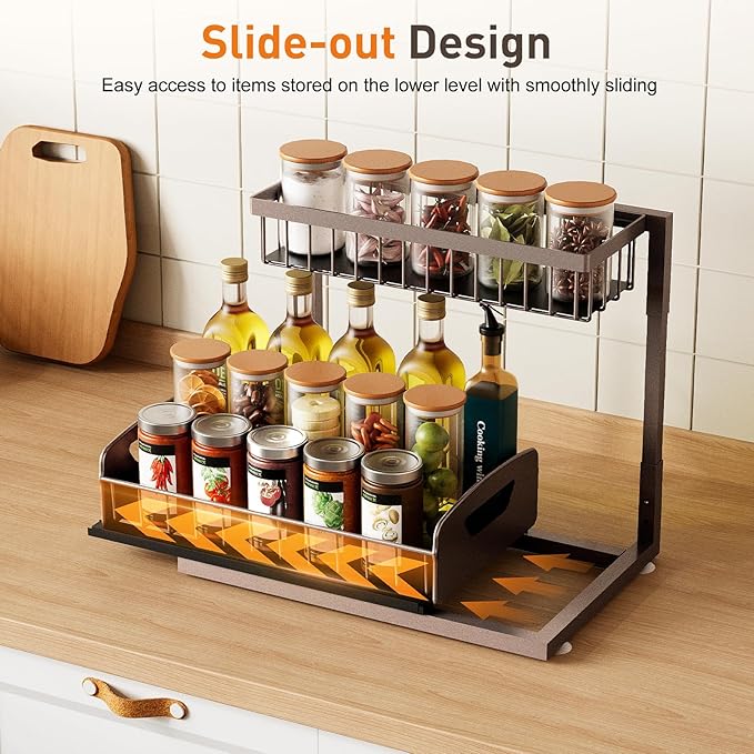 Under Sink Organizer 2 Pack,Metal Pull Out Cabinet Organizer Shelf,Kitchen Bathroom Organizers and Storage with Sliding Drawer,Storage Shelves,Storage and organization for Home,Laundry,RV,Pantry,Spice