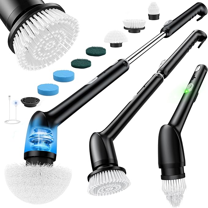 LyriFine Electric Spin Scrubber, New Full-Body IPX7 Waterproof Bathroom Cleaner Brush, Shower Scrubber with Long Handle & 2 Speed, Heads Replacement, Cleaning Supplies for Tub Shower Tile Floor