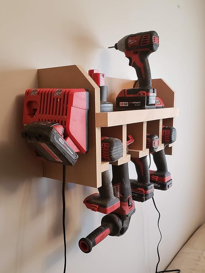 "Generic" Cordless Tool Shelf Holds 4 Drills, Impact Drivers and Others, with Charger/Battery Shelf