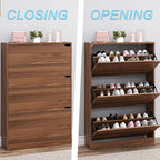 BORNOON Shoe Cabinet with 3 Flip Drawers, Slim Narrow Shoe Storage Cabinet, Freestanding Shoe Organizer with Adjustable & Removable Shelves, Top Display Shelf for Entryway, Hallway, Foyer, Closet