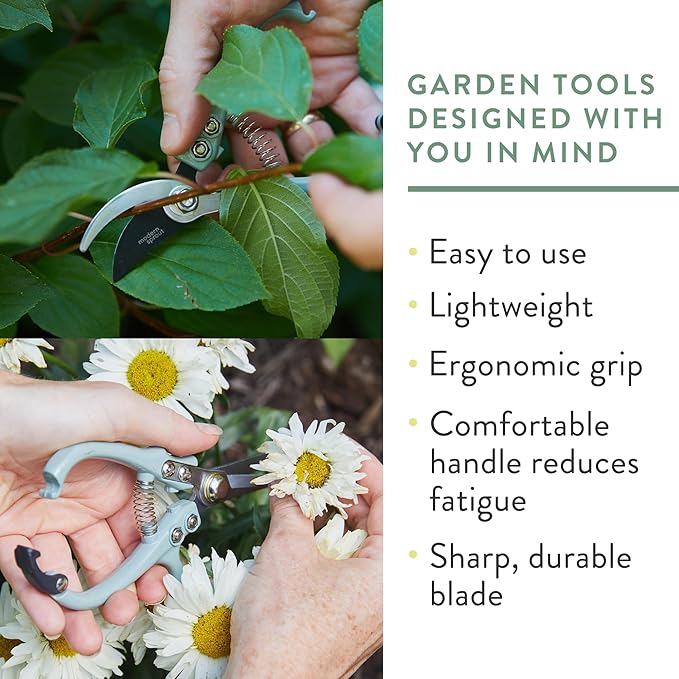 Modern Sprout Hand Pruners & Shears Set - Lightweight Gardening Tools W/Easy Lock - Sharp Carbon Steel Blades -Rust Resistant Scissors for Herbs, Flowers - Reusable Holster - Green
