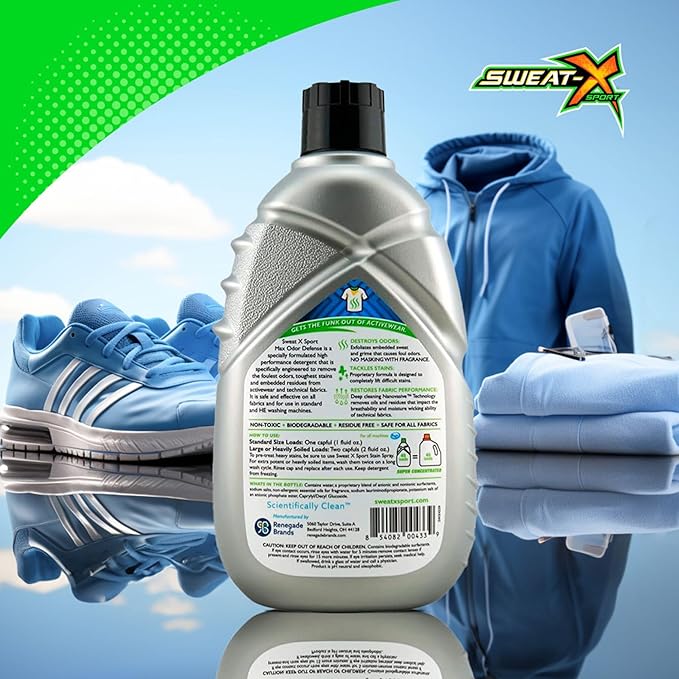 Sweat X Original Max Odor Defense Laundry Detergent – Remove the Worst Odors & Toughest Stains – High Performance Sports Wash for Training Gear & All Fabric Types – 45 Loads/Bottle – 4 Pack