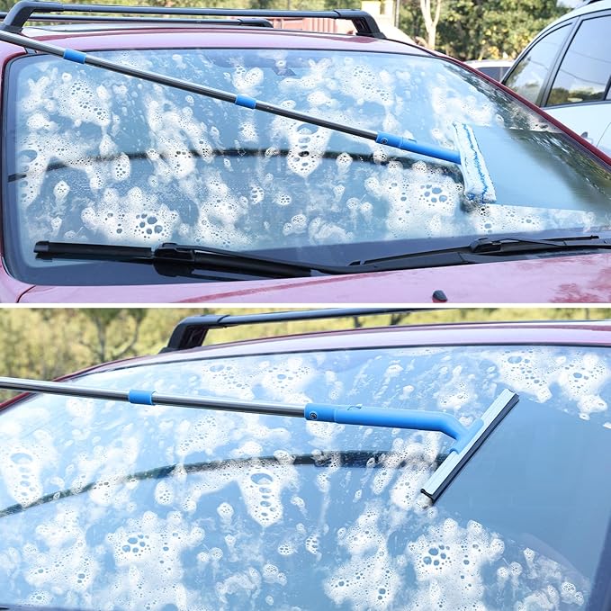 Window Cleaner with Long Handle(57IN), Glass Cleaning Tools with Silicone Squeegee & Microfiber Scrubber, Window Cleaning Kit for Shower Glass Mirror Door Car