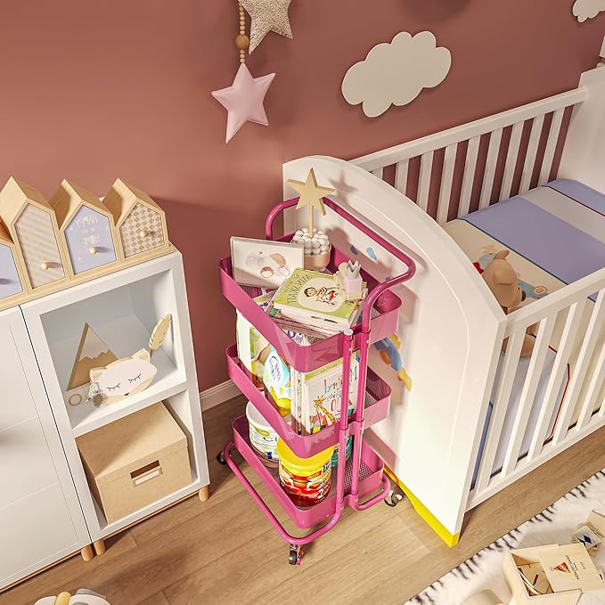 3-Tier Metal Rolling Cart with Wheels, Hot Pink Utility Storage Cart, Multifunctional Organizer Storage for Kitchen, Bedroom, Office, Laundry Room, Dorm Room Essentials (Rose red)