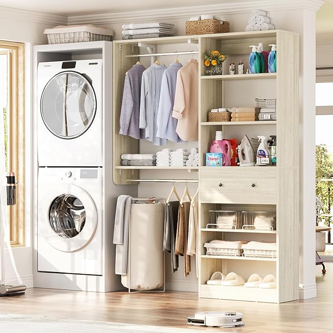 Closet System with Drawer - Reversible 5FT Wood Closet Organizer System with 2 Hanging Rods and Adjustable Shelf, Walk In Closet Organizers with Shoe Rack, Built-In Garment Rack, White Oak