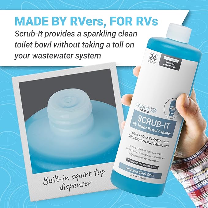 Unique Scrub-It RV Toilet Bowl Cleaner Liquid - Helps Remove Stink, Stains and Debris - Safe on All Toilet Types (24 oz)