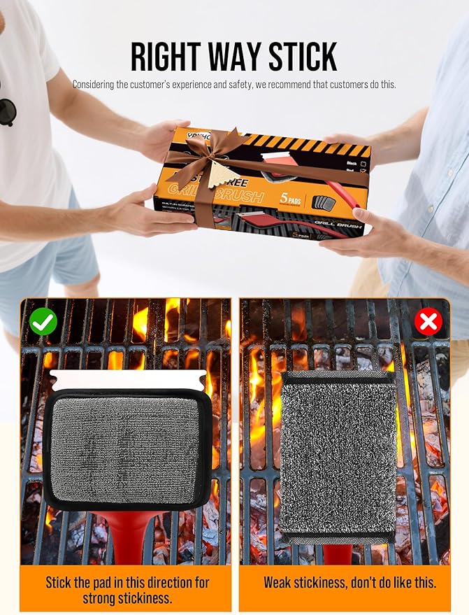 Grill Brush Bristle Free, Grill Cleaner Brush with 5 Replacement Heads, Ultra Safe Grill Brush for Outdoor Grill, Cast Iron, Stainless Steel Grates, Grill Scraper Outdoor BBQ Grill, Red