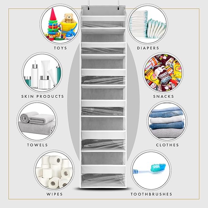 HOMELUX THEORY UPGRADED Over The Door Organizer Hanging - 100D EXTRA THICK & 50lbs HUGE CAPACITY 6 Large Front & 12 Side Pockets, Over The Door Shoe Organizer, Hanging Closet Organizer (LightGray 1pc)
