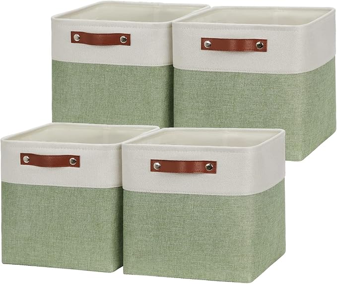 HNZIGE Fabric Cube Storage Baskets Bins Cube Baskets 11x11, Set of 4, Foldable Storage Cube Bin Baskets for Shelves with Handles, Bins for Cube Organizer Home Toy Nursery Closet Bedroom(Green White)