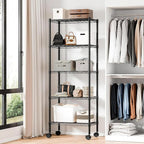 DUMOS 5 Tier Metal Shelving, Heavy Duty Shelves Wire Shelving Unit with Removable Wheel Casters, Shelves Organizer for Bathroom Garage Living Room Kitchen Pantry Laundry Black