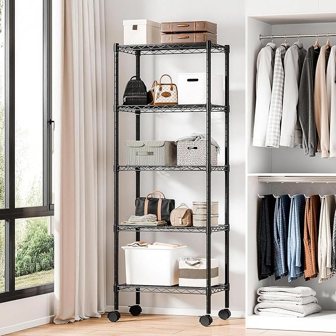 DUMOS 2 Pack 4Tier 5Tier Metal Shelving, Heavy Duty Shelves Wire Shelving Unit with Removable Wheel Casters, Shelves Organizer for Bathroom Garage Living Room Kitchen Pantry Laundry