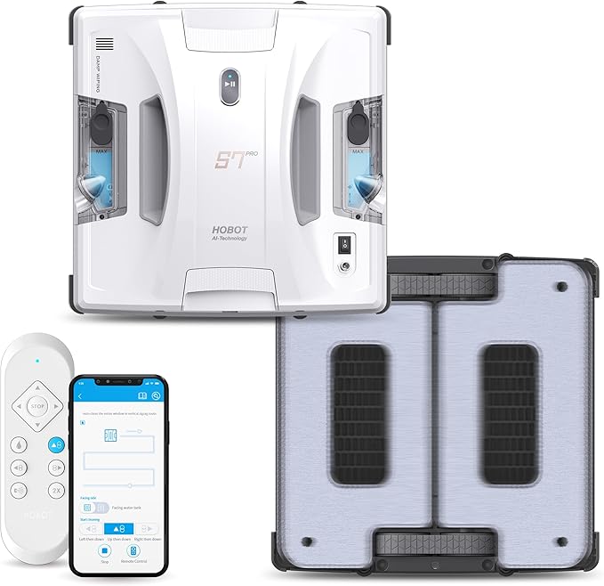HOBOT S7 Pro Dual Mop Polish Hand Wiping Tec Window Cleaning Robot, 15nm Dual Ultrasonic Spray, 4800Pa Suction, App & Remote Control | for Framed/Frameless Glass, Any Thickness, Indoor/Outdoor Use