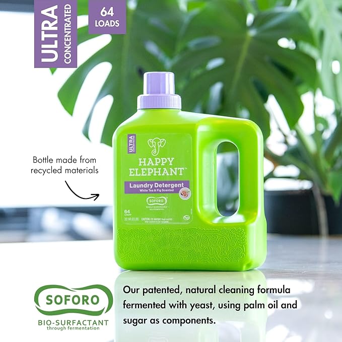 Happy Elephant Laundry Detergent, White Tea & Fig Scent, Ultra Concentrated Washing Machine Laundry Soap, Plant Based, Stain Remover, Gentle on Sensitive Skin, HE Compatible, 64 Loads, 64 Fl Oz
