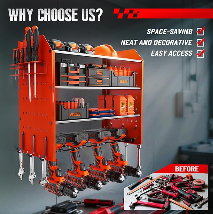 Power Tool Organizer Wall Mount, 4 Tier Tool Organizer For Space Saving,Used For Electric Drills, Saws And Toolbox Parts, Wall Hooks