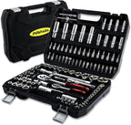 PIRIPARA 108 Piece Mechanics Tool Set Metric And Standard 1/4" & 1/2" Socket Set, Ratchet Set, Universal Joint, Extension Bars, Quick Release Reversible Ratchet Wrench, Plastic Toolbox Storage