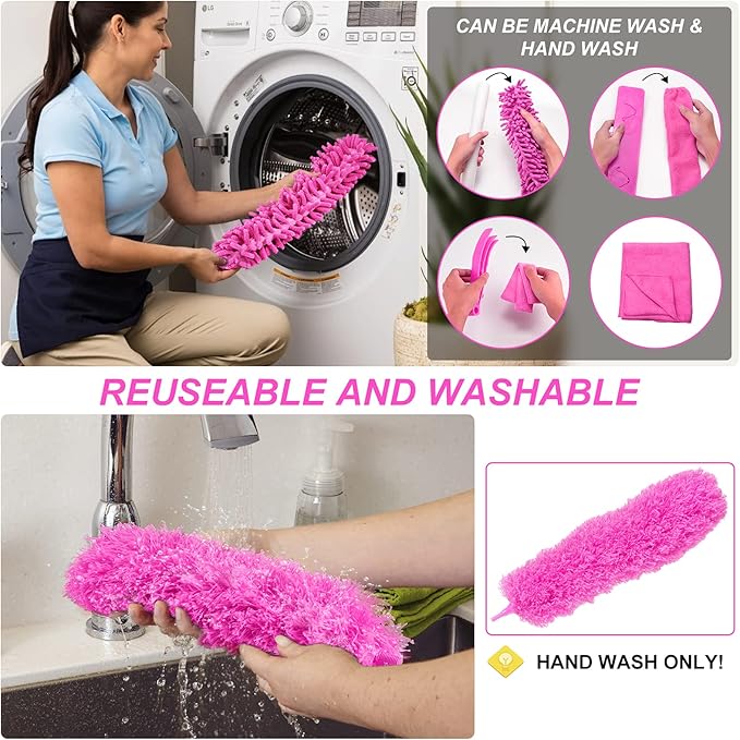Microfiber Dusters for Cleaning, Feather Dusters with Extension Pole, Bendable & Washable Dusters for High Ceiling Fan, Blinds, Cars, Furniture, Cleaning Tools Kit Pink Gift for Women (15 PCS)