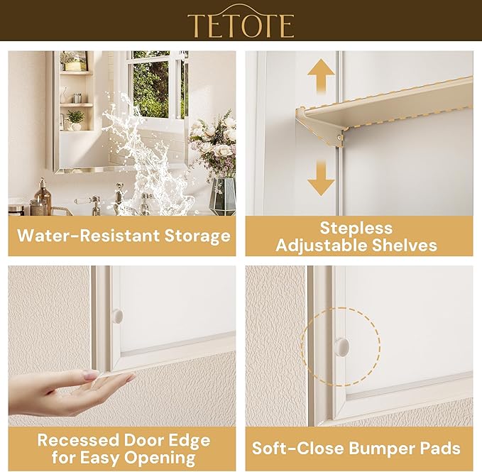 TETOTE 40 x 32 Medicine Cabinet with Tempered Beveled Mirror Silver Medicine Cabinet Mirror Aluminum Cabinet DTC Hinges, Stepless Adjustable Shelves, Recessed/Surface-Mounted