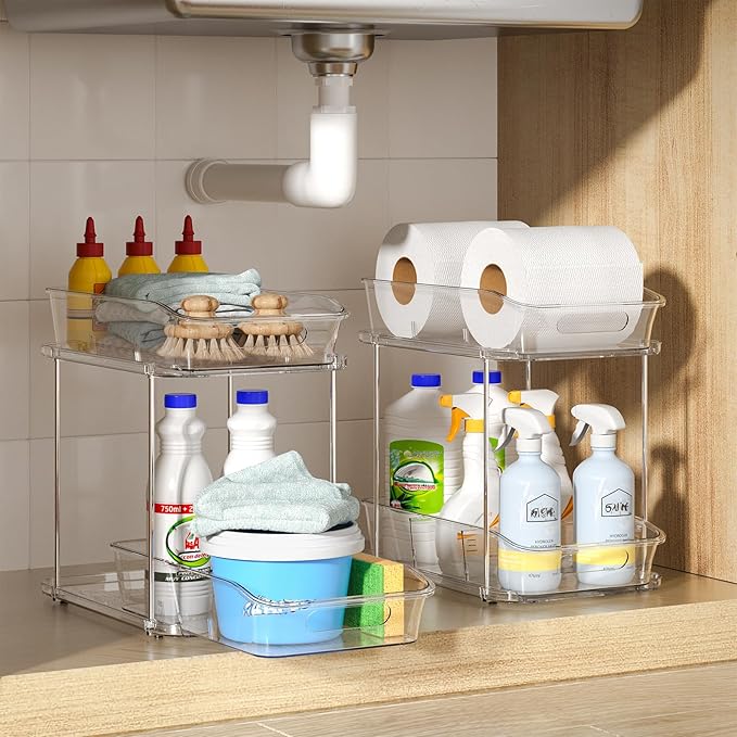 Delamu 4 Pack Bathroom Organizers and Storage, 2 Tier Clear Under Sink Organizer, Pull Out Medicine Cabinet Organizer