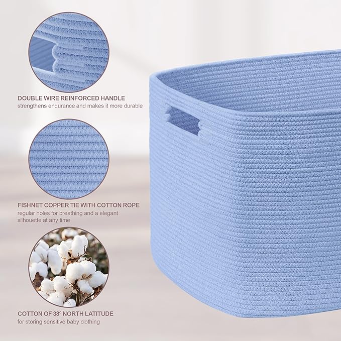 60L Small Baby Girls Laundry Basket for Nursery Storage,Cute Woven cotton Rope Baskets for Kids Toy，Gifts, Boho Square Wicker Blanket hamper for Living Room,Bedroom Dirty Clothes,Blue Purple