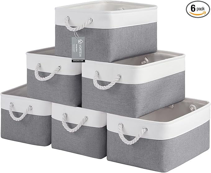 Large Storage Baskets- 15.7x11.8x8.26 inch Storage Bins for Shelves and Closet Organizing, Foldable Fabric Bin for Home Organization Clothes and Laundry (6-Pack, White&Gray)