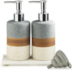Ceramic Soap Dispenser Set(2 Pack) – Hand Soap, Dish Soap, Shampoo & Shower Soap Dispenser for Bathroom & Kitchen, Stainless Steel Pump, Includes Silicone Funnel & Diatomaceous Tray, Gray