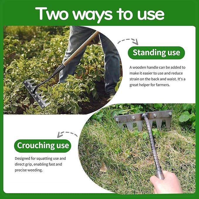 2025 Iron Weeding Rake 2.0, Iron Rake for Gardening and Weedings, Heavy Duty Gardening Hand Weed Puller Tools, 8 Teeth Carbon Steel Garden Weedings Rakes for Lawn Care – Bonus Gloves Included