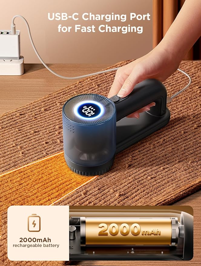 Rechargeable Fabric Shaver & Pill Remover, 3-Speed Electric Lint Remover with LED Display & 6 Blades, for Couch, Sofabed, Clothes, Sweaters, Blankets, Furniture - Black