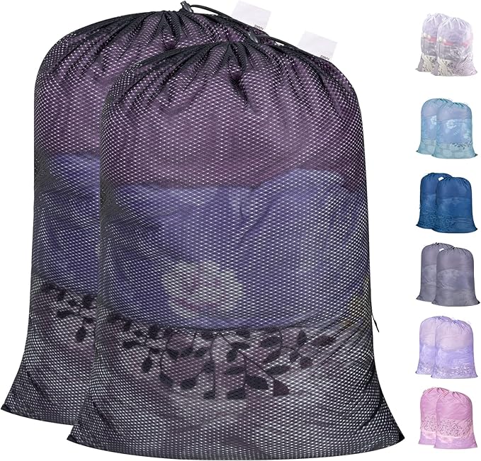 Polecasa Heavy Duty Large Mesh Laundry Bags with ID Tag and Locking Drawstring Closure - 2 Pack, 24 x 36 inches - Laundry Hamper Liner, Washable Laundry Bag for Travel, Sports, Dorms (Black)