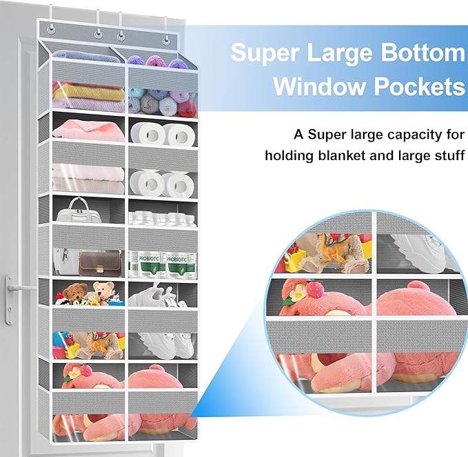 Over The Door Organizer Multi Pocket,5 Tier Large Hanging Shelf for Storage Kids Toys, Diapers, Clothes,Yarn,Heavy Duty Behind Door Storage for Bedroom Bathoom Nursery Closet Pantry,Gray