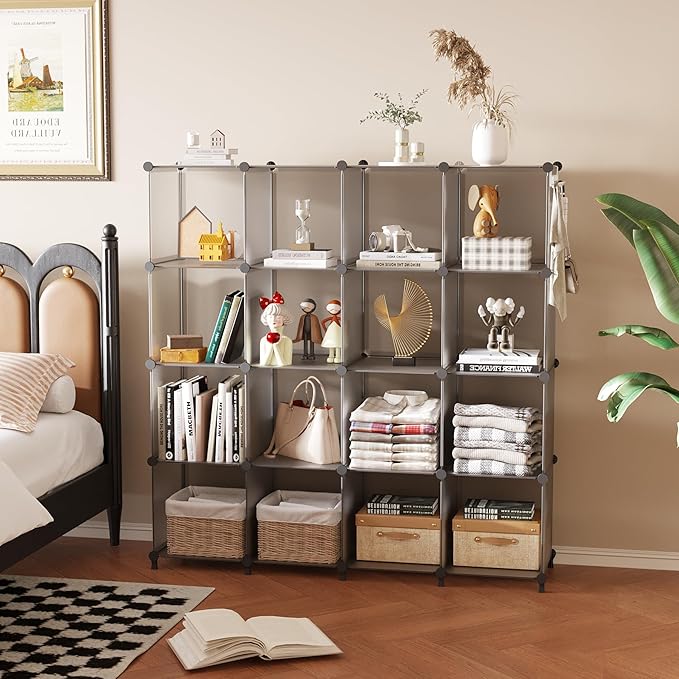 AWTATOS Cube Storage Organizer, 16 Cube Closet Organizer, Stackable Storage Cube Shelves, DIY Portable Closet Clothes Organizer Shelving for Bedroom, Closet, Wardrobe, Bathroom, Grey