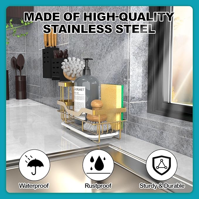 Vanwood Sponge Holder for Kitchen Sink Caddy Organizer With Brush Holder & Drain Tray, Rustproof Dish Soap Caddy for Counter - Storage & Home Accessories