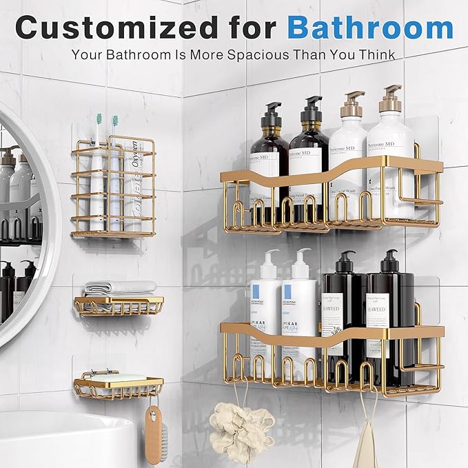 5-Pack Rustproof Stainless Steel Shower Caddy – No Drill Adhesive Bathroom Organizer with Large Capacity, Spacious Shower Shelves for Inside Shower, Kitchen & Home Decor Storage-XL Size