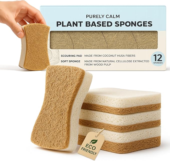 Plant Based Natural Sponge - Pack of 12 Cellulose Sponges, Safe on Non-Stick Cookware, Dual Sided Dish Sponge for Washing Dishes, Kitchen and Household