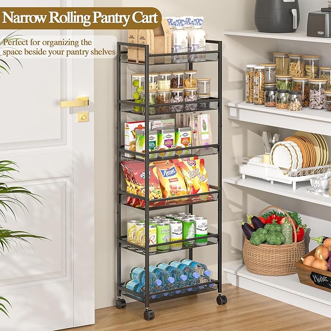 6 Tier Slim Rolling Storage Cart, Narrow Mobile Shelving Unit Organizer Utility Cart with Wheels, Metal Wire Storage Rack with Baskets for Kitchen, Bathroom, Laundry & Living Room, 10in(W)