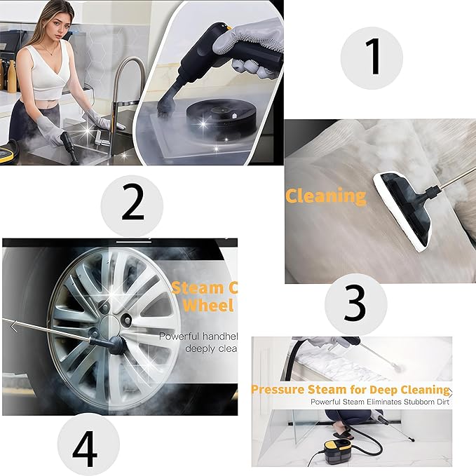 Handheld Pressurized Steam Cleaner， 6-Level Adjustable Handle 20s Heat-Up Big Tank, Portable Steamer for Cleaning Stubborn Dirt Grease Tile Grout Floor Car (Black/Yellow)