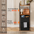 Furnulem Laundry Hamper, Vertical Laundry Basket with 2 Tiers Wooden Shelf and Hooks, Clothes Hamper with Pull-Out and Removable Bag for Bathroom, Bedroom, Dorm, 13.21 Gallons (50L)